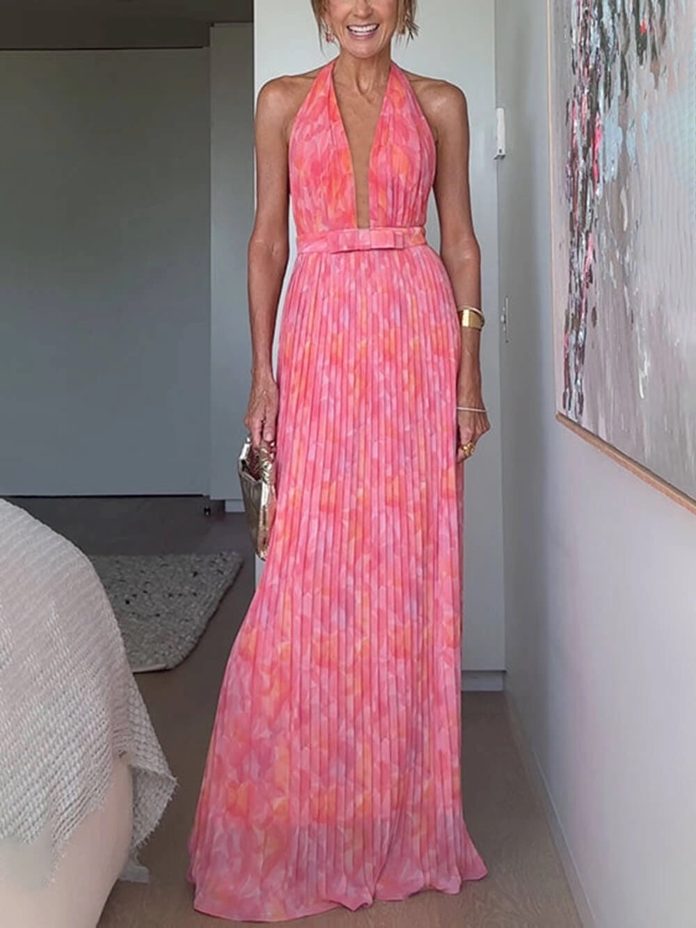 Pink Halter Pleated Maxi Dress